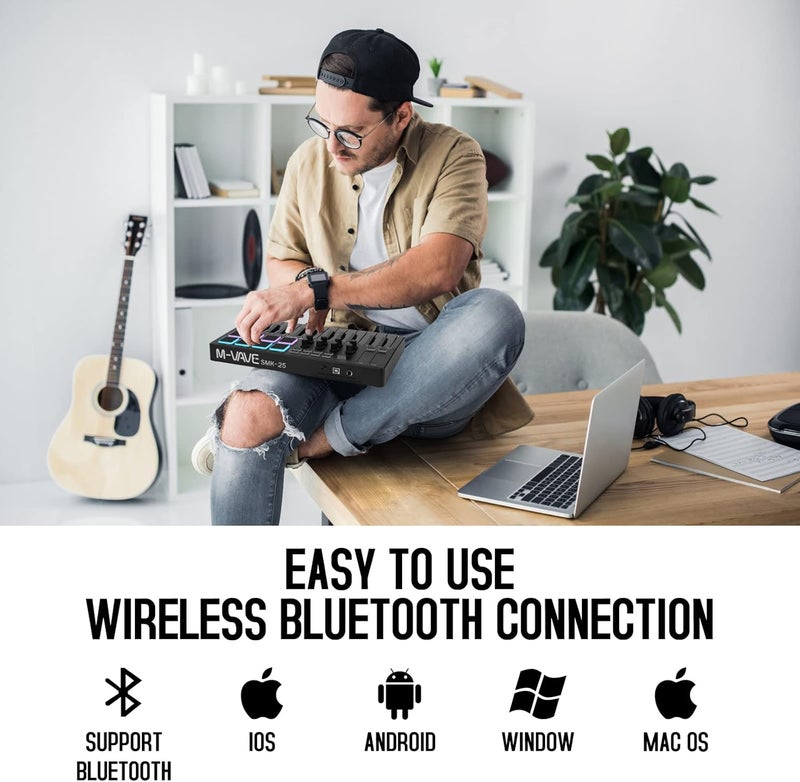 M-VAVE 25 مفتاح وحدة تحكم لوحة مفاتيح MIDI USB مع 8 وسادات درام مضاءة ، بلوتوث ، لوحة مفاتيح ديناميكية شبه مثقلة احترافية ، 8 مقبض وموسيقى إنتاج ، برنامج متضمن (أسود) - Image 4